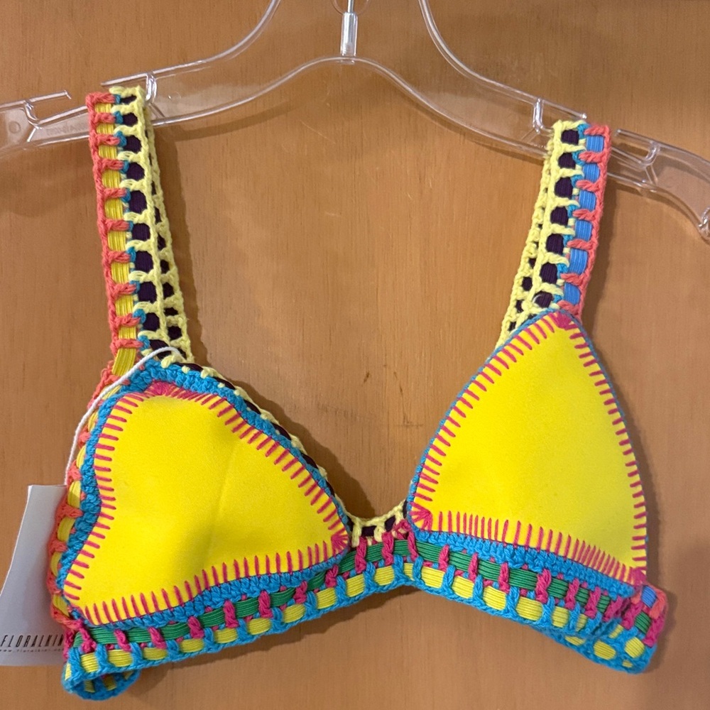 Floralkini Women’s Colorful Crochet Knit Bikini Top New Yellow Size XS-S